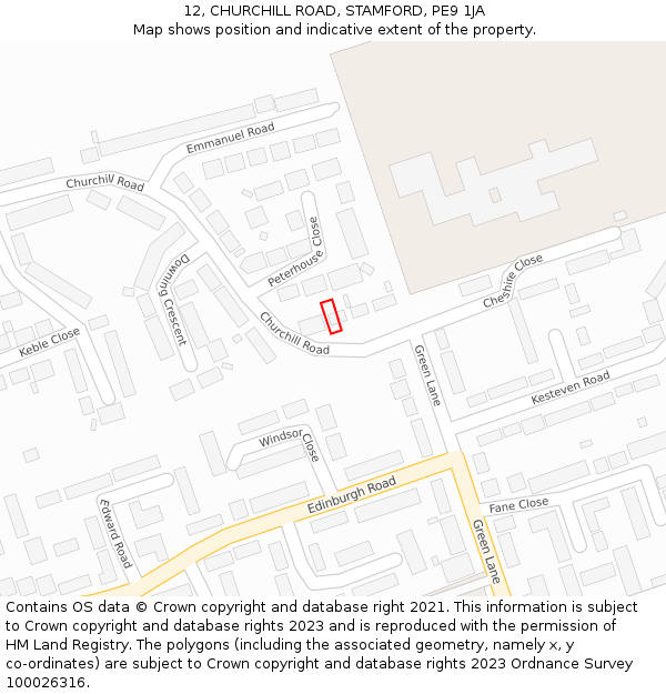 12, CHURCHILL ROAD, STAMFORD, PE9 1JA: Location map and indicative extent of plot