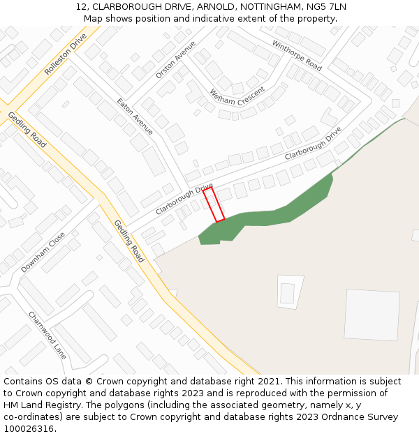 12, CLARBOROUGH DRIVE, ARNOLD, NOTTINGHAM, NG5 7LN: Location map and indicative extent of plot