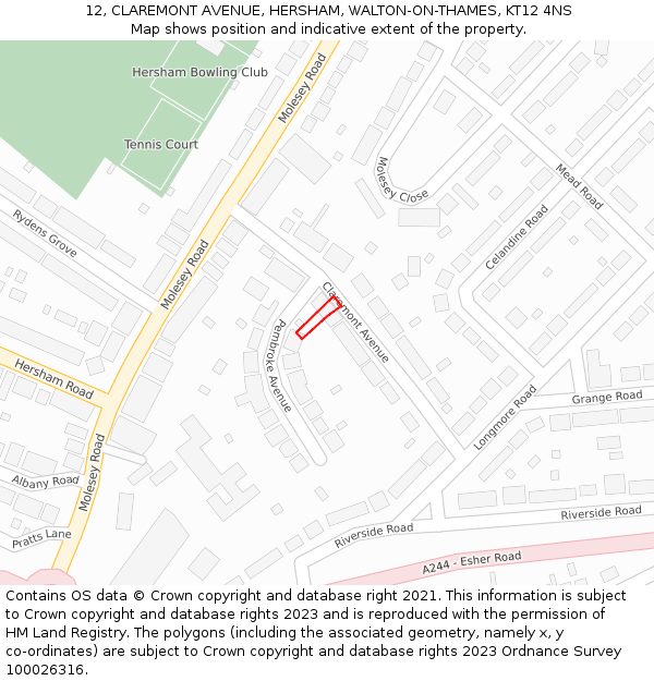 12, CLAREMONT AVENUE, HERSHAM, WALTON-ON-THAMES, KT12 4NS: Location map and indicative extent of plot