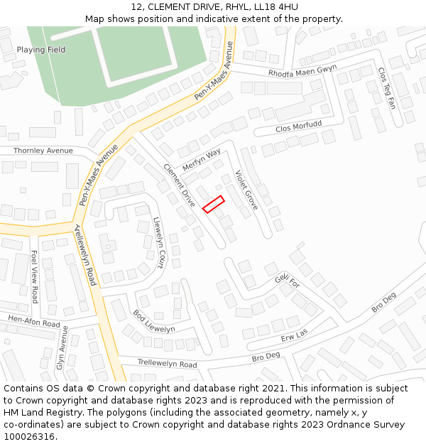 12, CLEMENT DRIVE, RHYL, LL18 4HU: Location map and indicative extent of plot