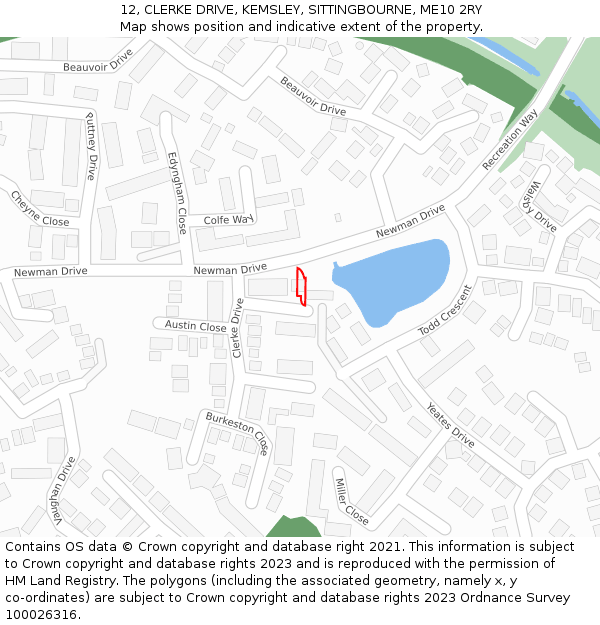 12, CLERKE DRIVE, KEMSLEY, SITTINGBOURNE, ME10 2RY: Location map and indicative extent of plot