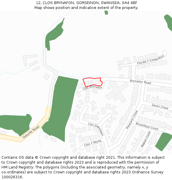 12, CLOS BRYNAFON, GORSEINON, SWANSEA, SA4 4BF: Location map and indicative extent of plot