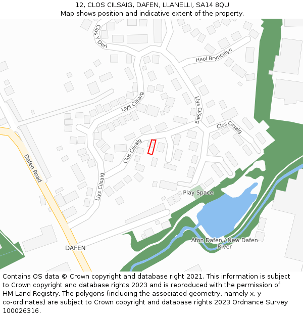 12, CLOS CILSAIG, DAFEN, LLANELLI, SA14 8QU: Location map and indicative extent of plot