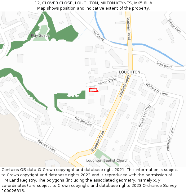 12, CLOVER CLOSE, LOUGHTON, MILTON KEYNES, MK5 8HA: Location map and indicative extent of plot