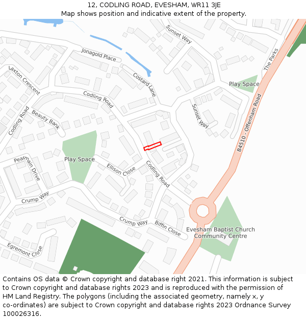 12, CODLING ROAD, EVESHAM, WR11 3JE: Location map and indicative extent of plot