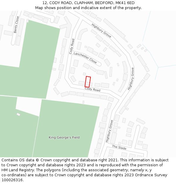 12, CODY ROAD, CLAPHAM, BEDFORD, MK41 6ED: Location map and indicative extent of plot