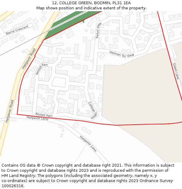 12, COLLEGE GREEN, BODMIN, PL31 1EA: Location map and indicative extent of plot