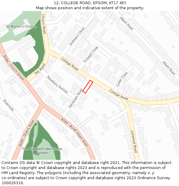 12, COLLEGE ROAD, EPSOM, KT17 4EY: Location map and indicative extent of plot