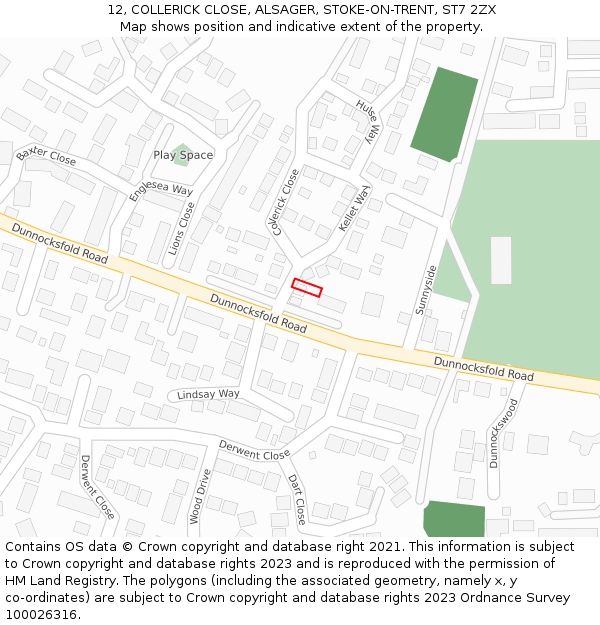 12, COLLERICK CLOSE, ALSAGER, STOKE-ON-TRENT, ST7 2ZX: Location map and indicative extent of plot