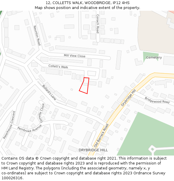 12, COLLETTS WALK, WOODBRIDGE, IP12 4HS: Location map and indicative extent of plot