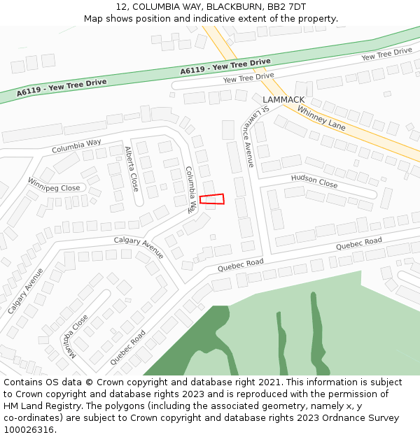 12, COLUMBIA WAY, BLACKBURN, BB2 7DT: Location map and indicative extent of plot