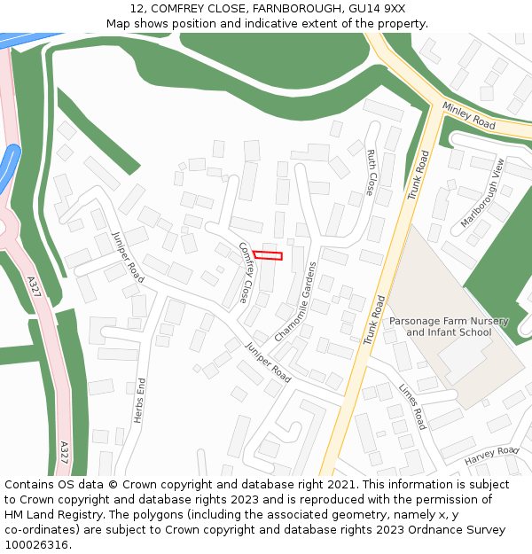 12, COMFREY CLOSE, FARNBOROUGH, GU14 9XX: Location map and indicative extent of plot