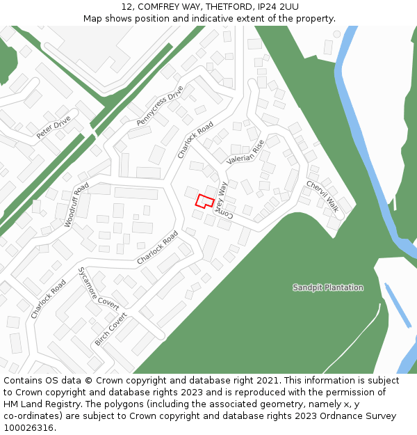 12, COMFREY WAY, THETFORD, IP24 2UU: Location map and indicative extent of plot