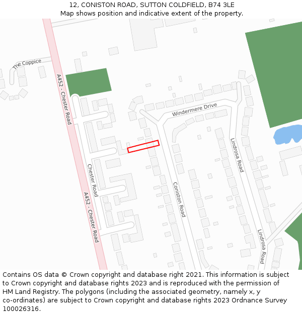 12, CONISTON ROAD, SUTTON COLDFIELD, B74 3LE: Location map and indicative extent of plot