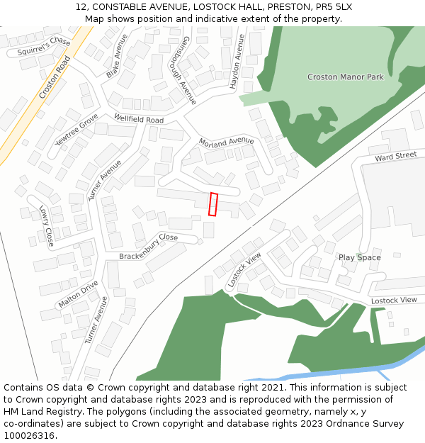 12, CONSTABLE AVENUE, LOSTOCK HALL, PRESTON, PR5 5LX: Location map and indicative extent of plot