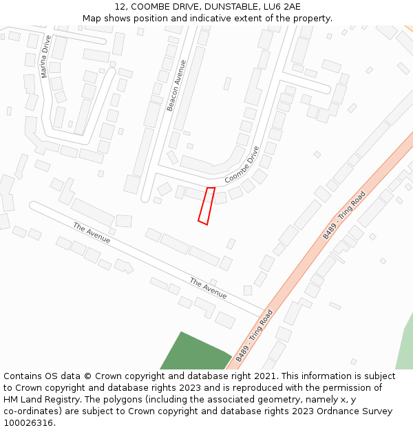 12, COOMBE DRIVE, DUNSTABLE, LU6 2AE: Location map and indicative extent of plot