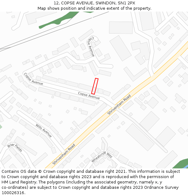 12, COPSE AVENUE, SWINDON, SN1 2PX: Location map and indicative extent of plot