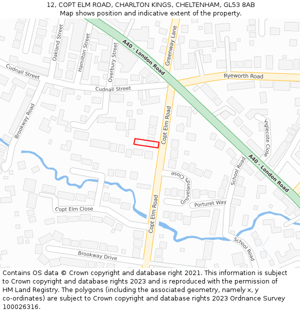 12, COPT ELM ROAD, CHARLTON KINGS, CHELTENHAM, GL53 8AB: Location map and indicative extent of plot