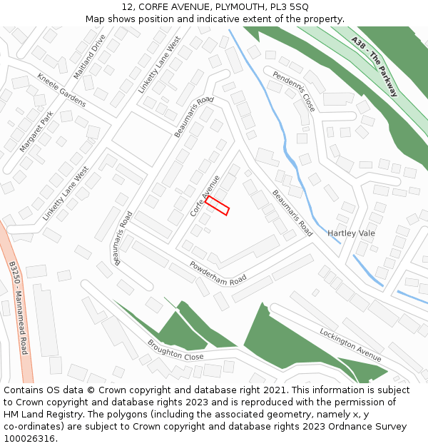 12, CORFE AVENUE, PLYMOUTH, PL3 5SQ: Location map and indicative extent of plot