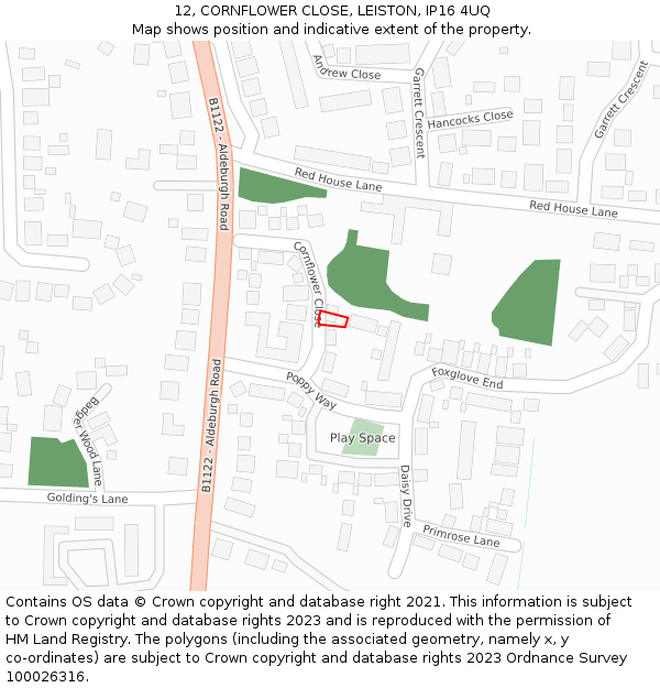 12, CORNFLOWER CLOSE, LEISTON, IP16 4UQ: Location map and indicative extent of plot