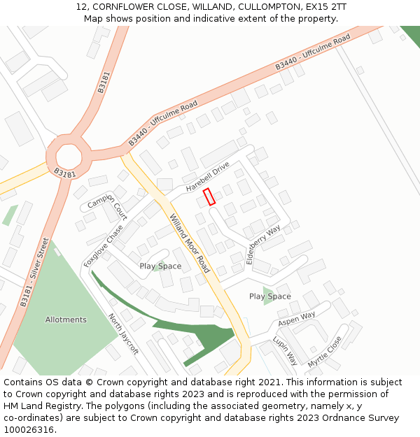 12, CORNFLOWER CLOSE, WILLAND, CULLOMPTON, EX15 2TT: Location map and indicative extent of plot