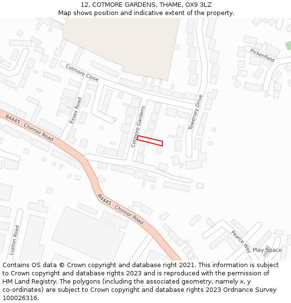 12, COTMORE GARDENS, THAME, OX9 3LZ: Location map and indicative extent of plot