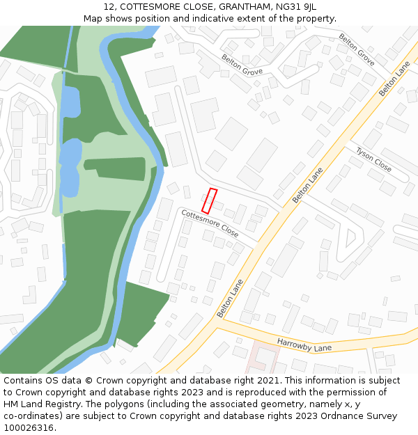 12, COTTESMORE CLOSE, GRANTHAM, NG31 9JL: Location map and indicative extent of plot