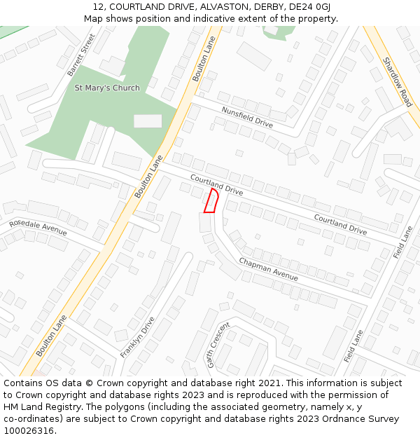 12, COURTLAND DRIVE, ALVASTON, DERBY, DE24 0GJ: Location map and indicative extent of plot