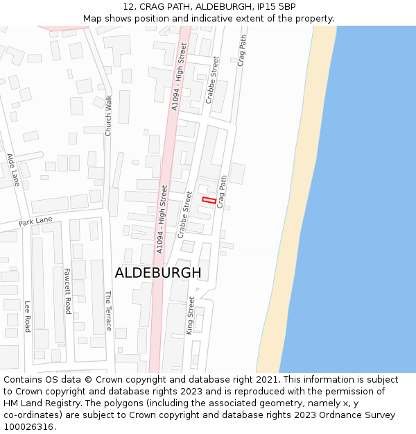 12, CRAG PATH, ALDEBURGH, IP15 5BP: Location map and indicative extent of plot