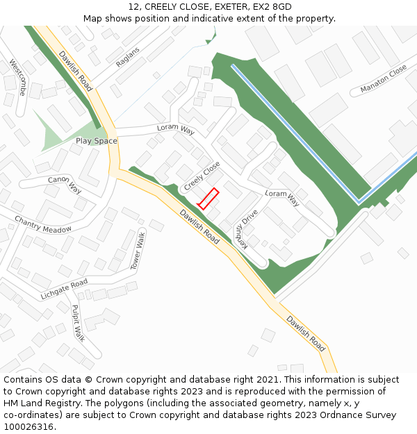 12, CREELY CLOSE, EXETER, EX2 8GD: Location map and indicative extent of plot