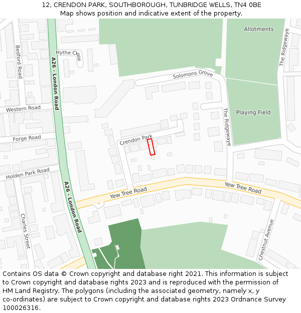 12, CRENDON PARK, SOUTHBOROUGH, TUNBRIDGE WELLS, TN4 0BE: Location map and indicative extent of plot