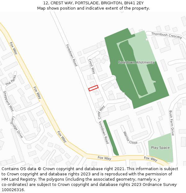 12, CREST WAY, PORTSLADE, BRIGHTON, BN41 2EY: Location map and indicative extent of plot