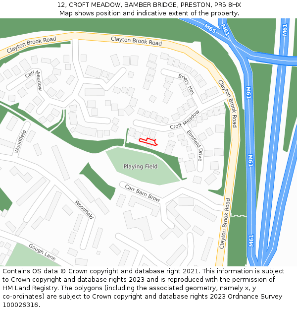 12, CROFT MEADOW, BAMBER BRIDGE, PRESTON, PR5 8HX: Location map and indicative extent of plot