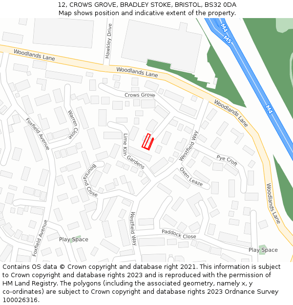 12, CROWS GROVE, BRADLEY STOKE, BRISTOL, BS32 0DA: Location map and indicative extent of plot