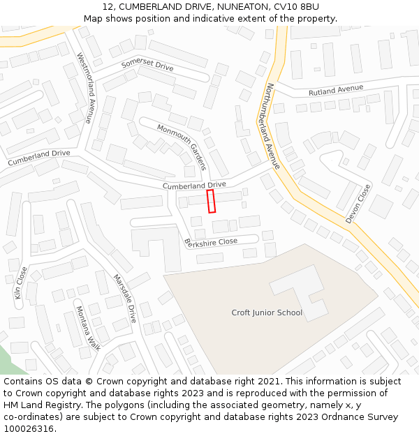 12, CUMBERLAND DRIVE, NUNEATON, CV10 8BU: Location map and indicative extent of plot