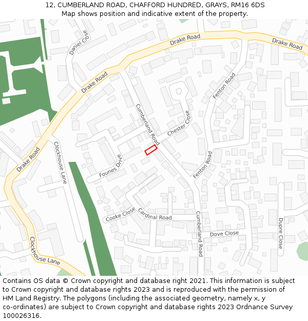 12, CUMBERLAND ROAD, CHAFFORD HUNDRED, GRAYS, RM16 6DS: Location map and indicative extent of plot