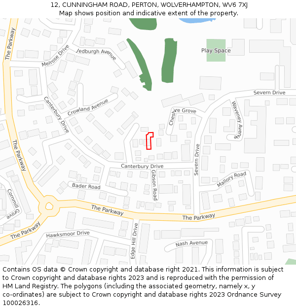 12, CUNNINGHAM ROAD, PERTON, WOLVERHAMPTON, WV6 7XJ: Location map and indicative extent of plot