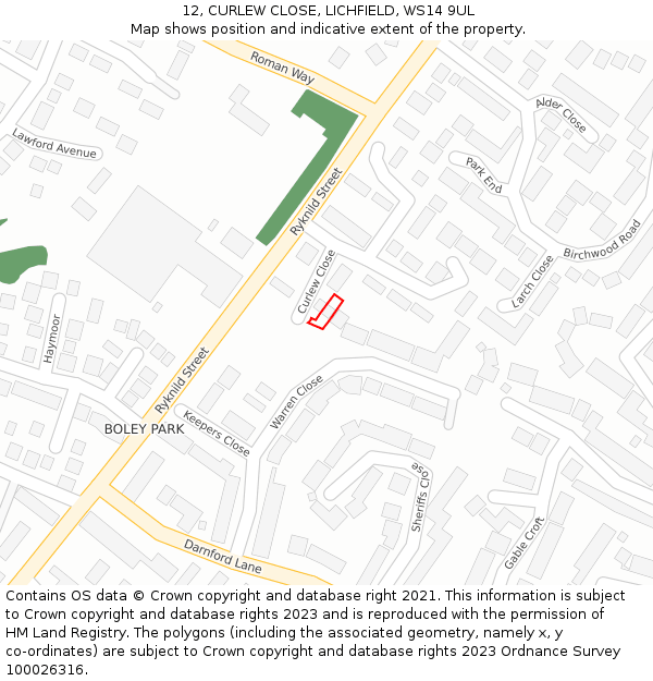 12, CURLEW CLOSE, LICHFIELD, WS14 9UL: Location map and indicative extent of plot