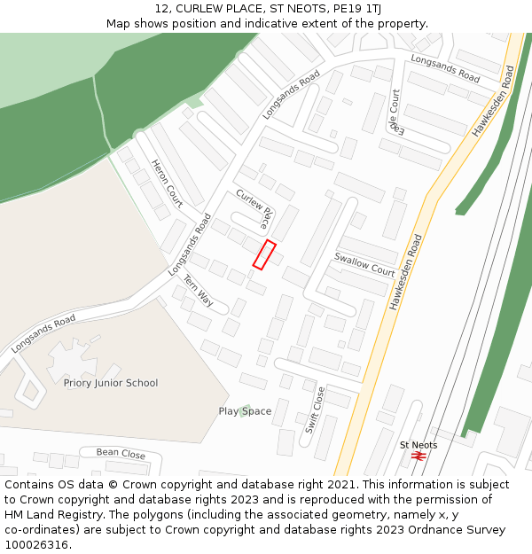 12, CURLEW PLACE, ST NEOTS, PE19 1TJ: Location map and indicative extent of plot