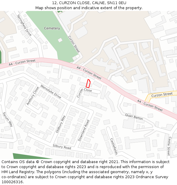 12, CURZON CLOSE, CALNE, SN11 0EU: Location map and indicative extent of plot