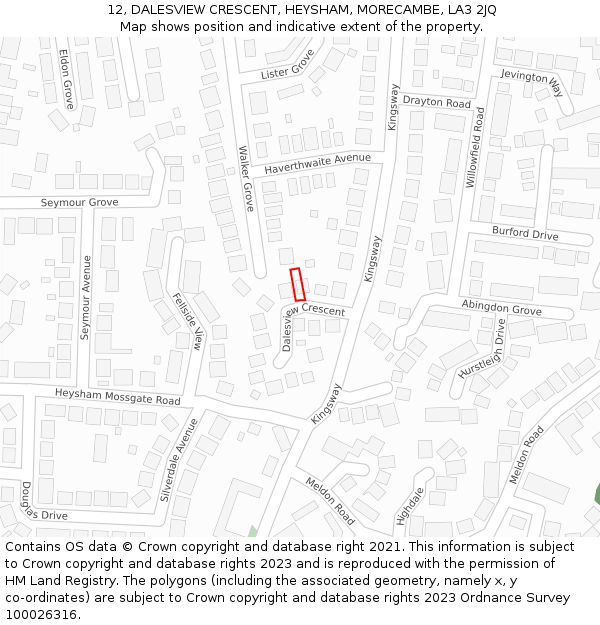 12, DALESVIEW CRESCENT, HEYSHAM, MORECAMBE, LA3 2JQ: Location map and indicative extent of plot
