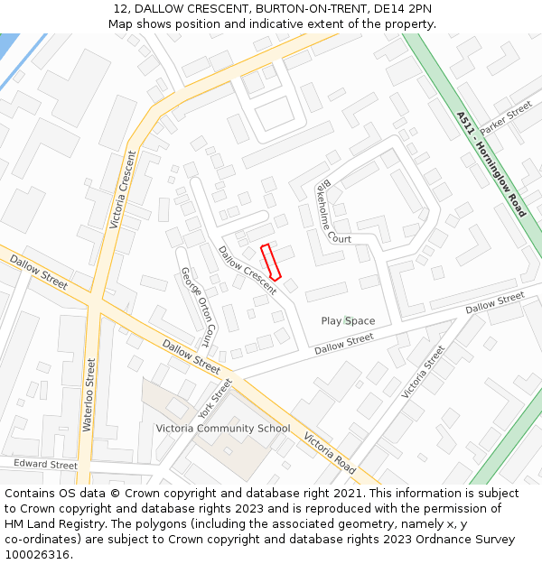 12, DALLOW CRESCENT, BURTON-ON-TRENT, DE14 2PN: Location map and indicative extent of plot