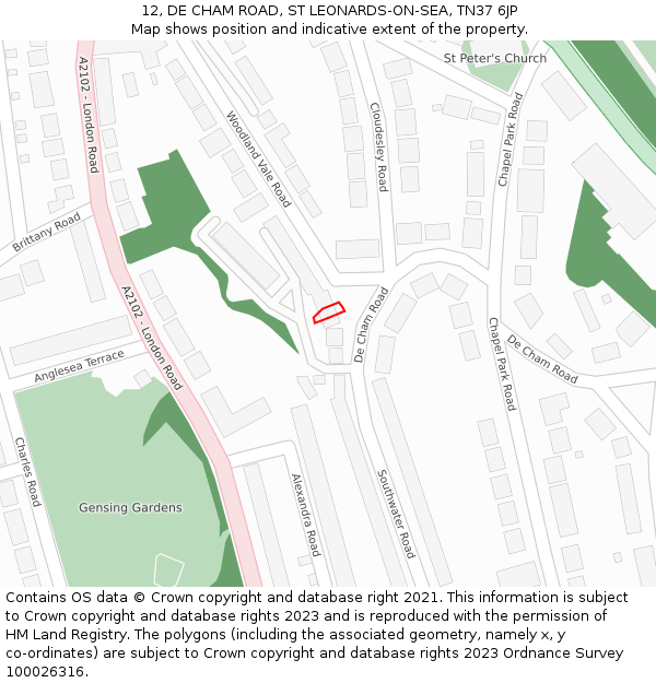 12, DE CHAM ROAD, ST LEONARDS-ON-SEA, TN37 6JP: Location map and indicative extent of plot