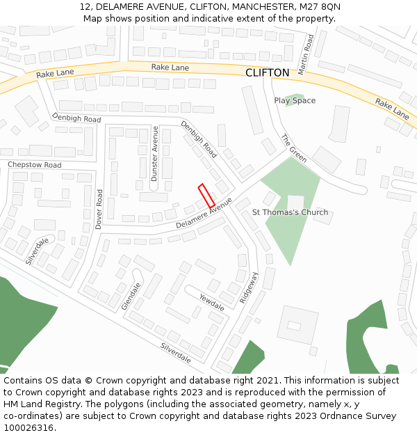 12, DELAMERE AVENUE, CLIFTON, MANCHESTER, M27 8QN: Location map and indicative extent of plot