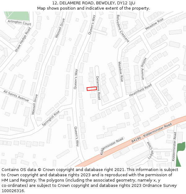 12, DELAMERE ROAD, BEWDLEY, DY12 1JU: Location map and indicative extent of plot