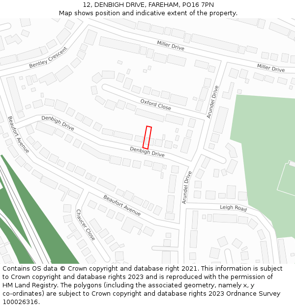 12, DENBIGH DRIVE, FAREHAM, PO16 7PN: Location map and indicative extent of plot