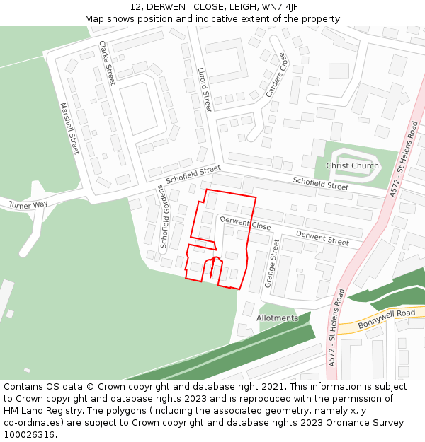 12, DERWENT CLOSE, LEIGH, WN7 4JF: Location map and indicative extent of plot