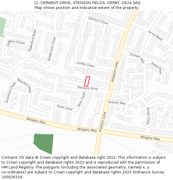 12, DERWENT DRIVE, STENSON FIELDS, DERBY, DE24 3AQ: Location map and indicative extent of plot