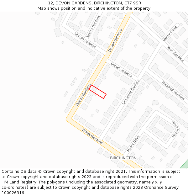 12, DEVON GARDENS, BIRCHINGTON, CT7 9SR: Location map and indicative extent of plot