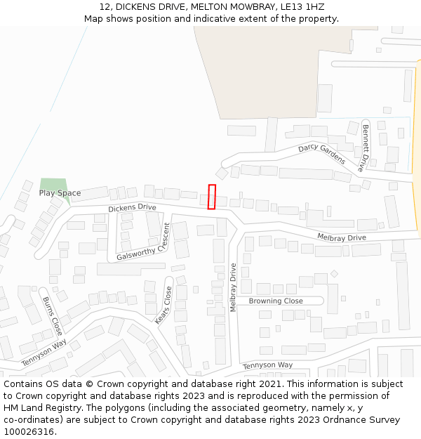 12, DICKENS DRIVE, MELTON MOWBRAY, LE13 1HZ: Location map and indicative extent of plot